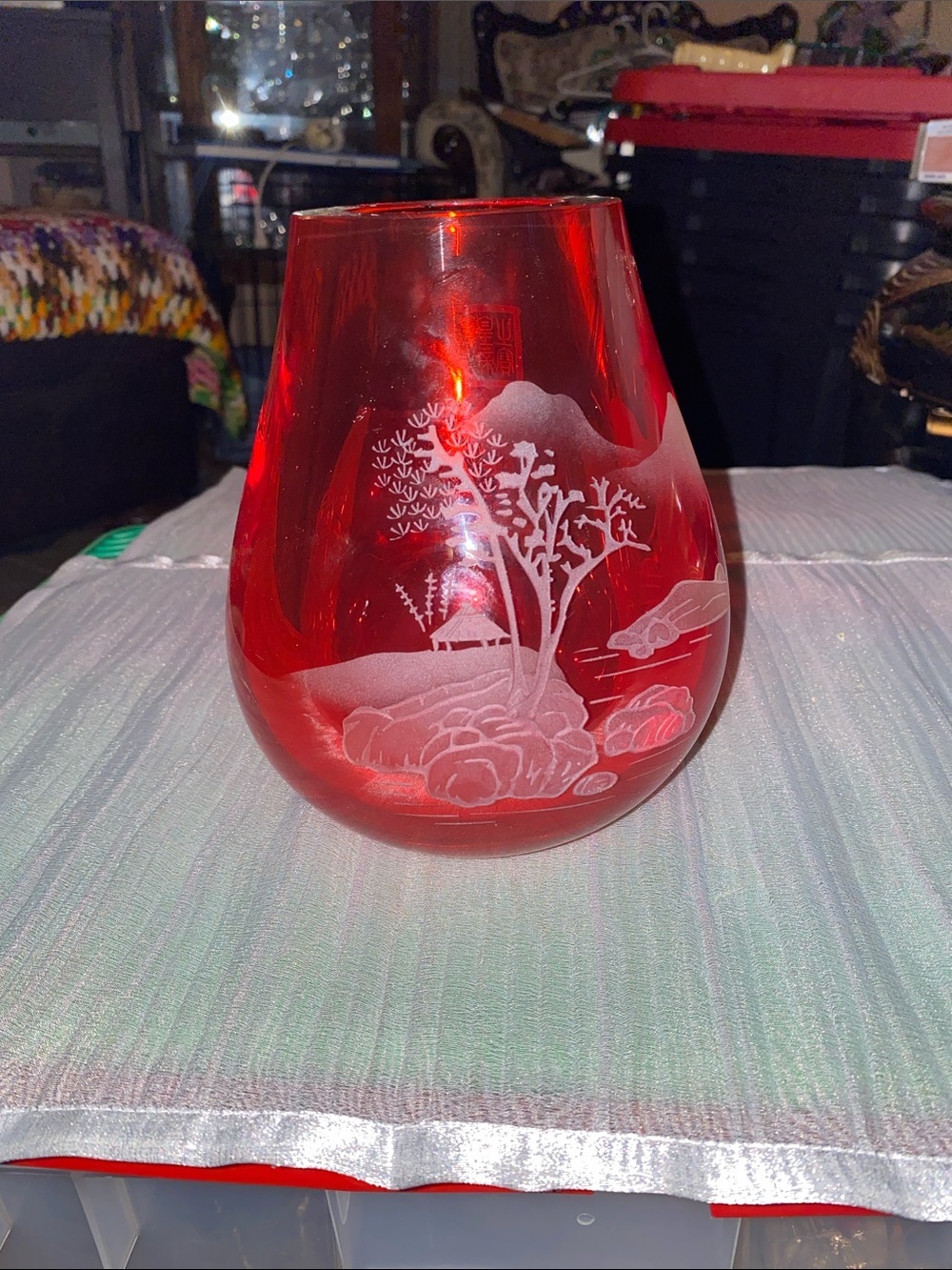 Rare Find Red Etched Glass Vase with Scenic Design